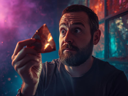 Curious man holding copper piece